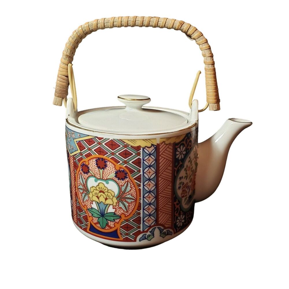 Stunning Imari Ware Japan Teapot Floral Colorful Patterns Wrapped Handle
